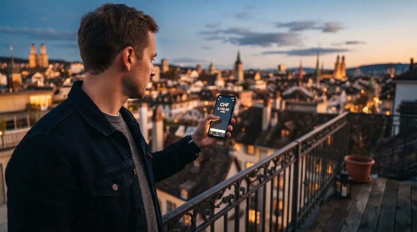 Mann steht auf einem Balkon und tippt auf sein Smartphone, Abendlicht über den Dächern.